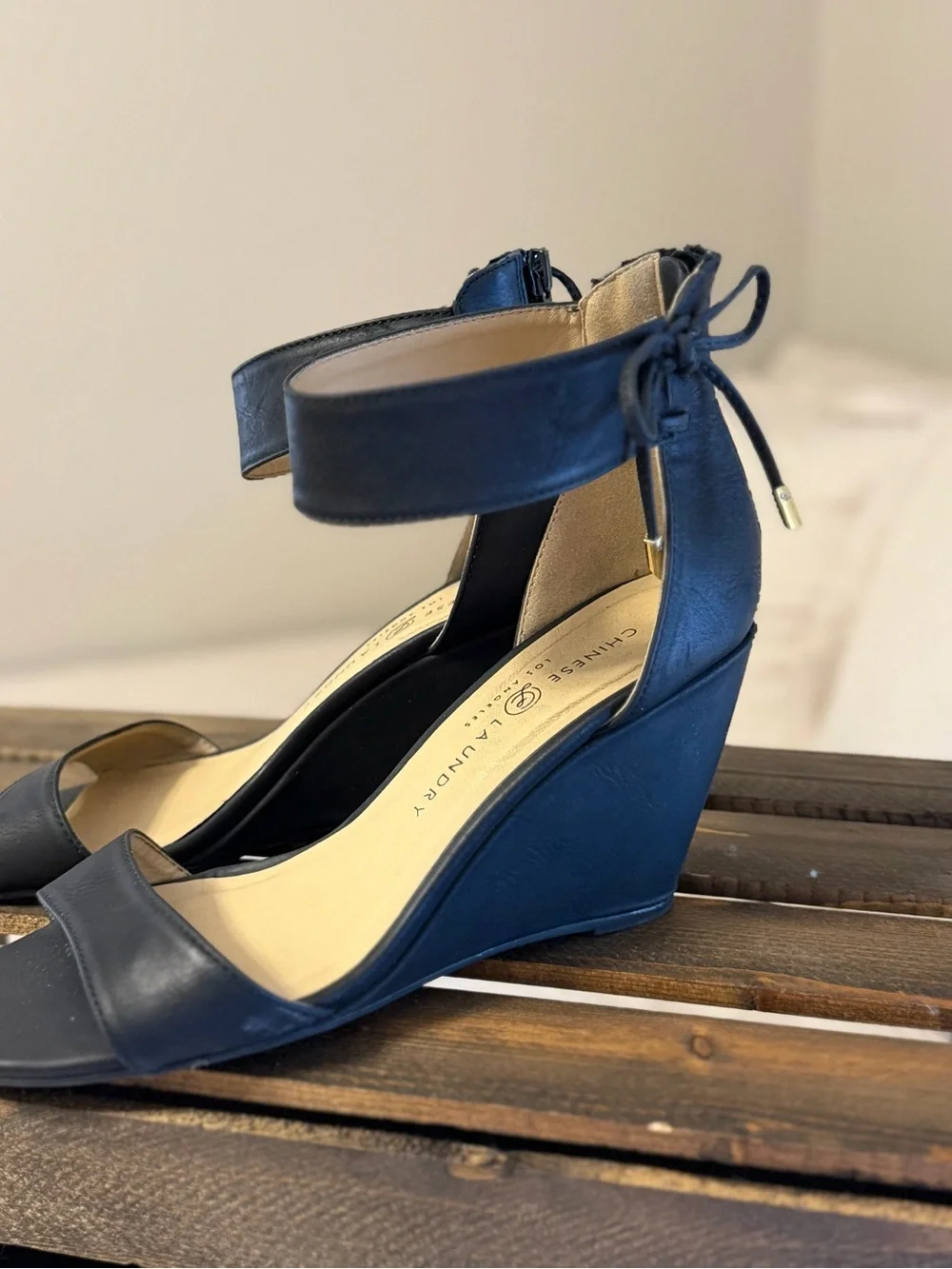 Black Wedge Heels with Ankle Wrap and Bow